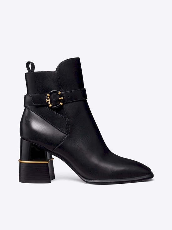 Tory Burch Shoes - TORY BURCH Logo Buckle Square-Toe Ankle Boots in Black Leather 10